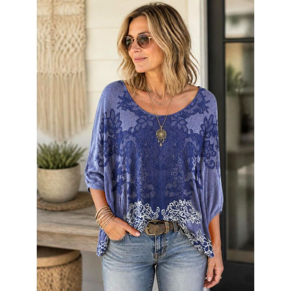 Sno Skins Oversized Knit Top Womens M Blue Lace Print Boho Dolman Sleeve